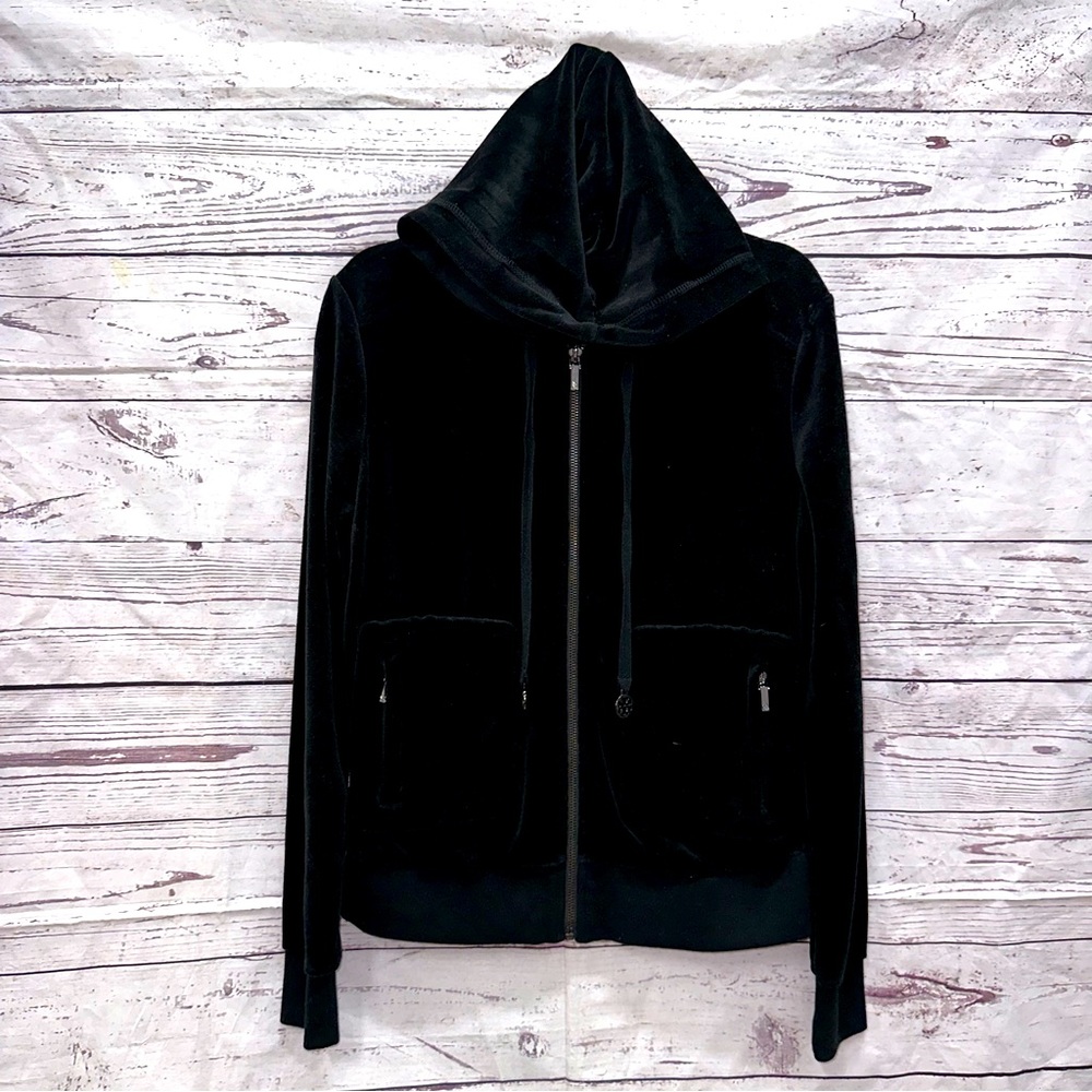 Tory Burch Black Velour Hooded Sweatshirt Size XS